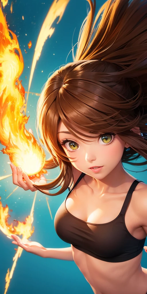 Cute brown Woman, with hair made of fire, green eyes like light, flying, sky Background