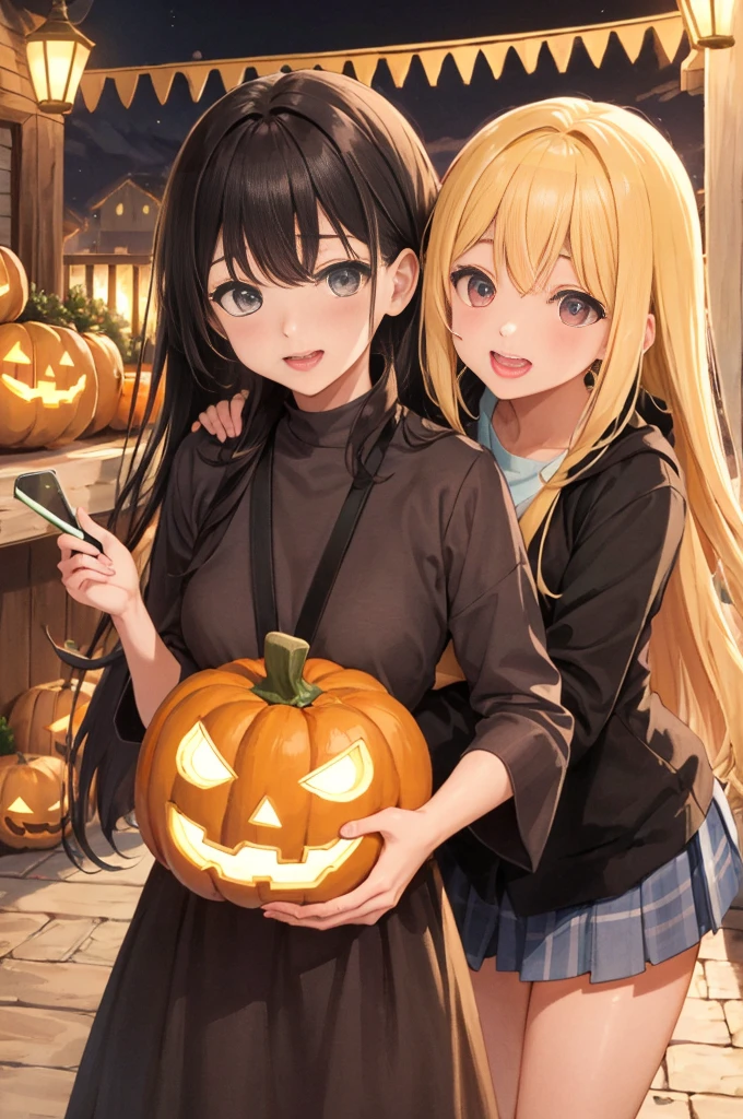 Create a detailed, high-quality fan art cover for a doujinshi based on a slice-of-life anime series, featuring a close-knit family enjoying Halloween together. The scene should depict a festive and joyous atmosphere, with the family members laughing and surrounded by sweets, and the  holding a jack-o’-lantern. The parents are amiably giving out treats to the . Capture the warmth and happiness of the family moment, with a focus on expressing the characters’ enjoyment of the holiday. The image should be in a vertical format, with vivid colors and a homely, welcoming vibe, suitable for a fan-created work that could be shared on platforms like Pixiv or Twitter,