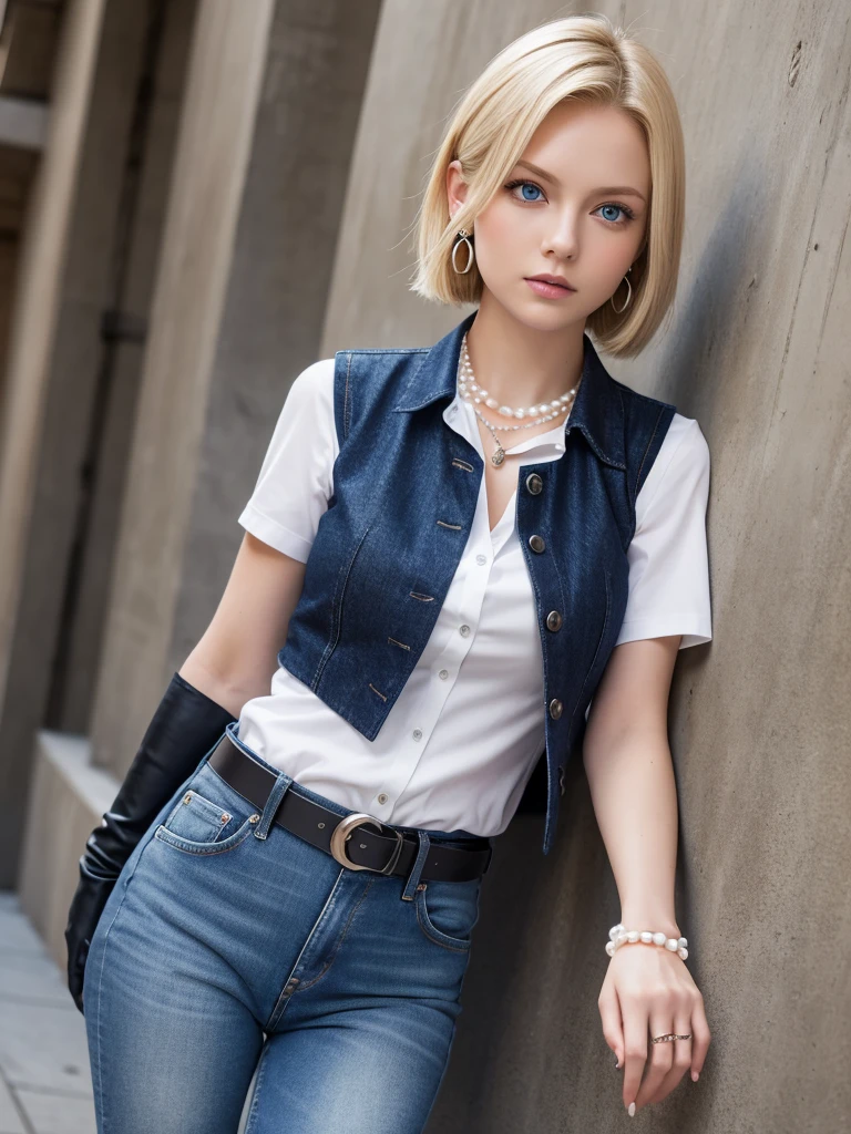 Highest quality, High resolution, And 18, One girl, Android 18, alone, Blonde, blue eyes, belt, jeans, Pearl_necklace, bracelet, Black gloves, White shirt, short hair, Short sleeve, Earrings, Blue pants, Open Vest, Black vest, Large Breasts, Cowboy Shot, street, Straight,