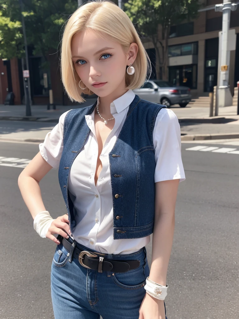 Highest quality, High resolution, And 18, One girl, Android 18, alone, Blonde, blue eyes, belt, jeans, Pearl_necklace, bracelet, Black gloves, White shirt, short hair, Short sleeve, Earrings, Blue pants, Open Vest, Black vest, Large Breasts, Cowboy Shot, street, Straight,