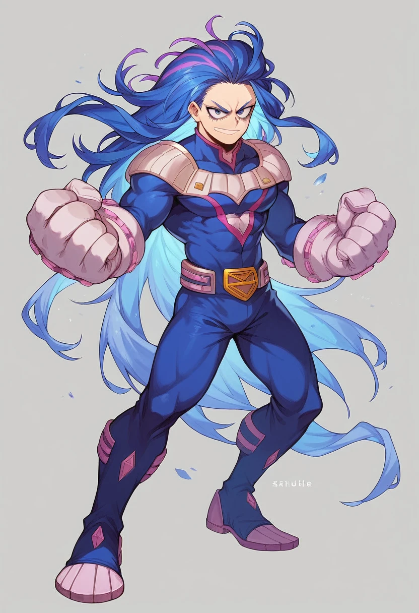 Screenshot of the anime Boku No Hero Academia, my hero academia a powerful villain with a full body, long blue hair, almost black with purple highlights. , with sapphire blue eyes and purple stained purple villainous eyes with long eyelashes and great power