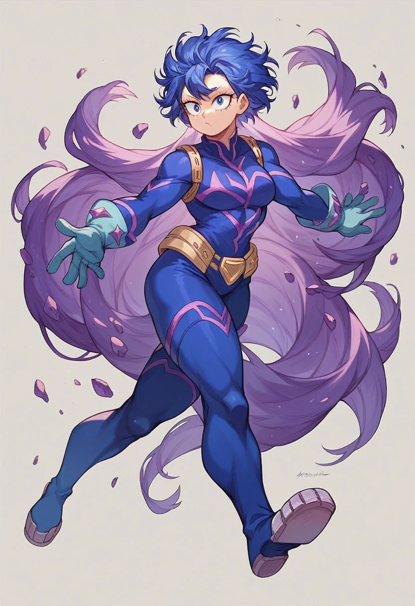 Screenshot of the anime Boku No Hero Academia, my hero academia a powerful villain with a full body, long blue hair, almost black with purple highlights. , with sapphire blue eyes and purple stained purple villainous eyes with long eyelashes and great power