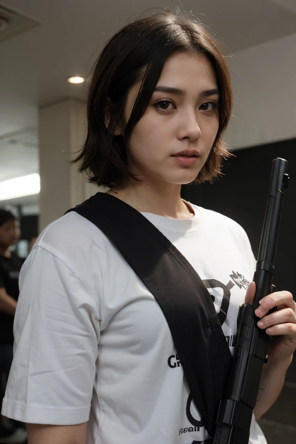 The gemoy character wears a shirt that says WOTA JKT48 and carries an M1887 shotgun on his back