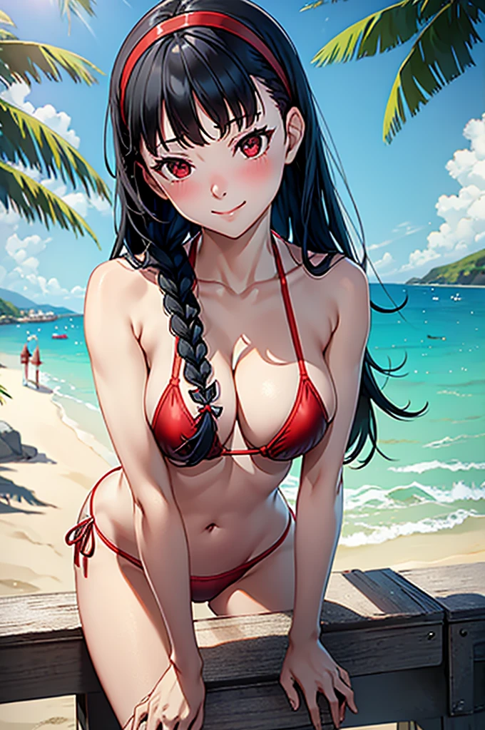 NSFW, (((Uncensored))), (((Clear picture))). high image quality, high resolution, 18 year old beautiful girl、shiny black hair、Hime cut、Brown eyes, dark eyebrows, J-cup huge breasts、172cm tall、tightened waist,、red bikini, sexy pose, Sandy Beach、Blue sky