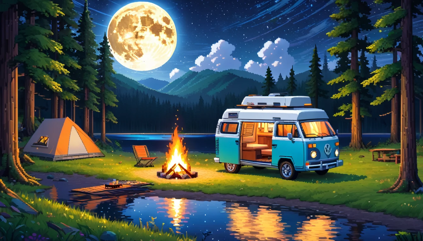a detailed advance futuristic camper van in a grassy forest clearing at midnight,full moon shining bright, starry sky, man sitting nearby campfire, lake nearby,pixelart,HDR,8k,high quality,detailed interior,masterpiece