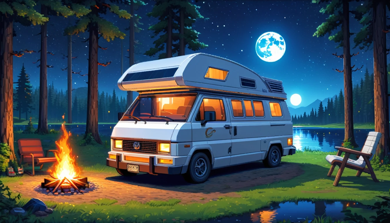 a detailed advance futuristic camper van in a grassy forest clearing at midnight,full moon shining bright, starry sky, man sitting nearby campfire, lake nearby,pixelart,HDR,8k,high quality,detailed interior,masterpiece