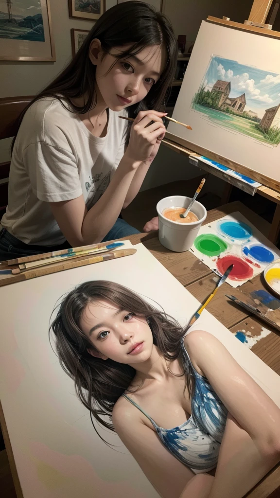 Full body nude. bright tone photo,player beautiful japanese girl, 25 years old ,super model,cute face,full make up ,big brown eyes,long curl brown hair, high nose , medium breast , slender body ,170 cm tall, entire body nake,nude, posing for painting class,turn body toward the viewer