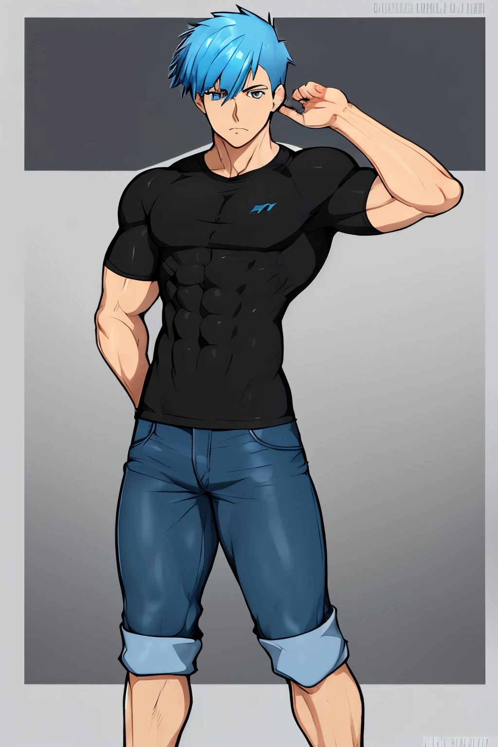 A adult boy with chiseled physique, showcasing his impressive bodybuilding form. His striking features include light blue hair styled in a short,manner reminiscent of Asuka's iconic look from Evangelion but in a male version, with fringe swept to the right. Black eyes lock onto the viewer's gaze, exuding confidence and intensity. He wears a black T-shirt and dark blue jeans