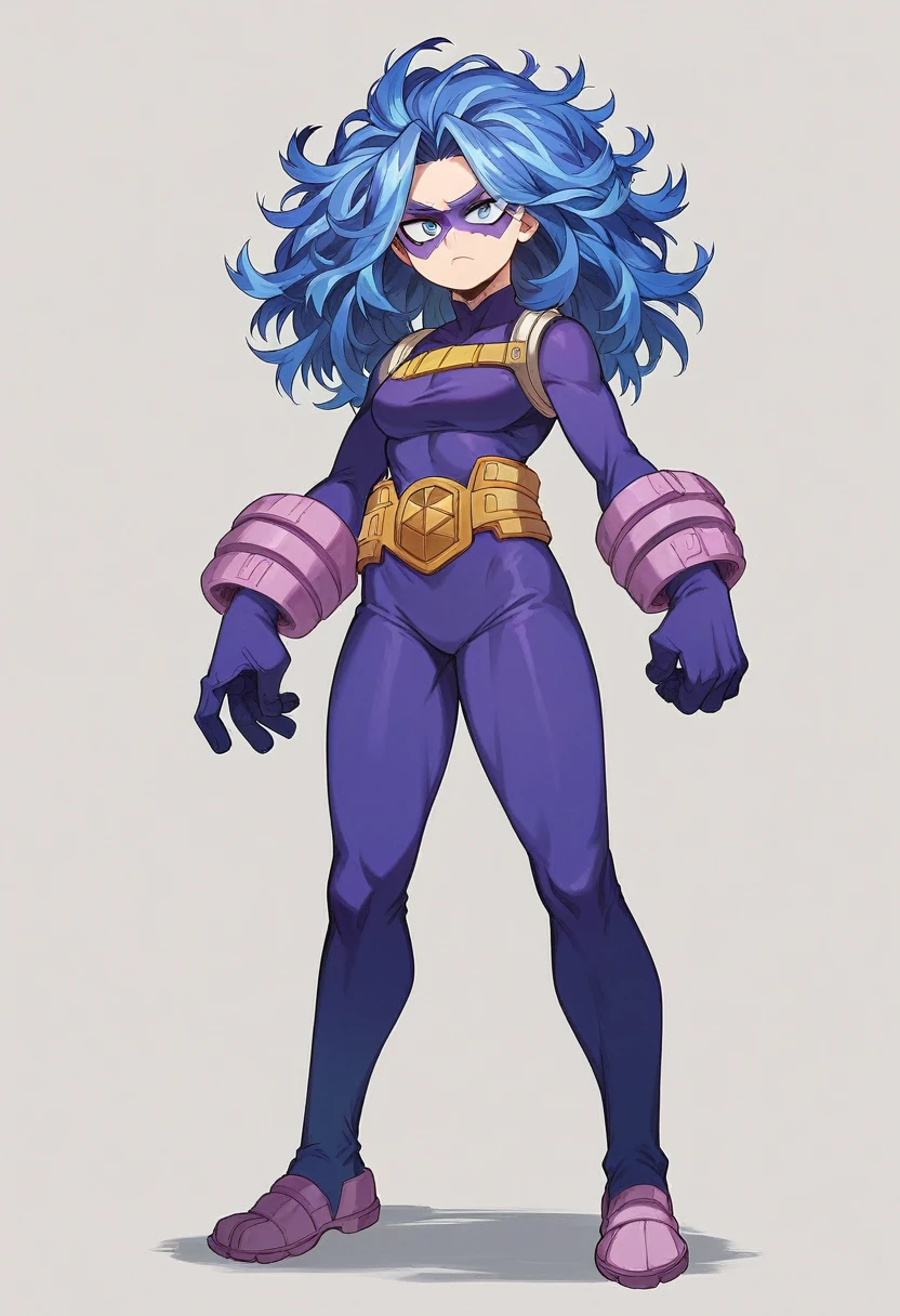 Screenshot of the anime Boku No Hero Academia, my hero academia a full body girl with long almost black blue hair with purple highlights , with sapphire blue eyes and purple spotted purple villain eyes