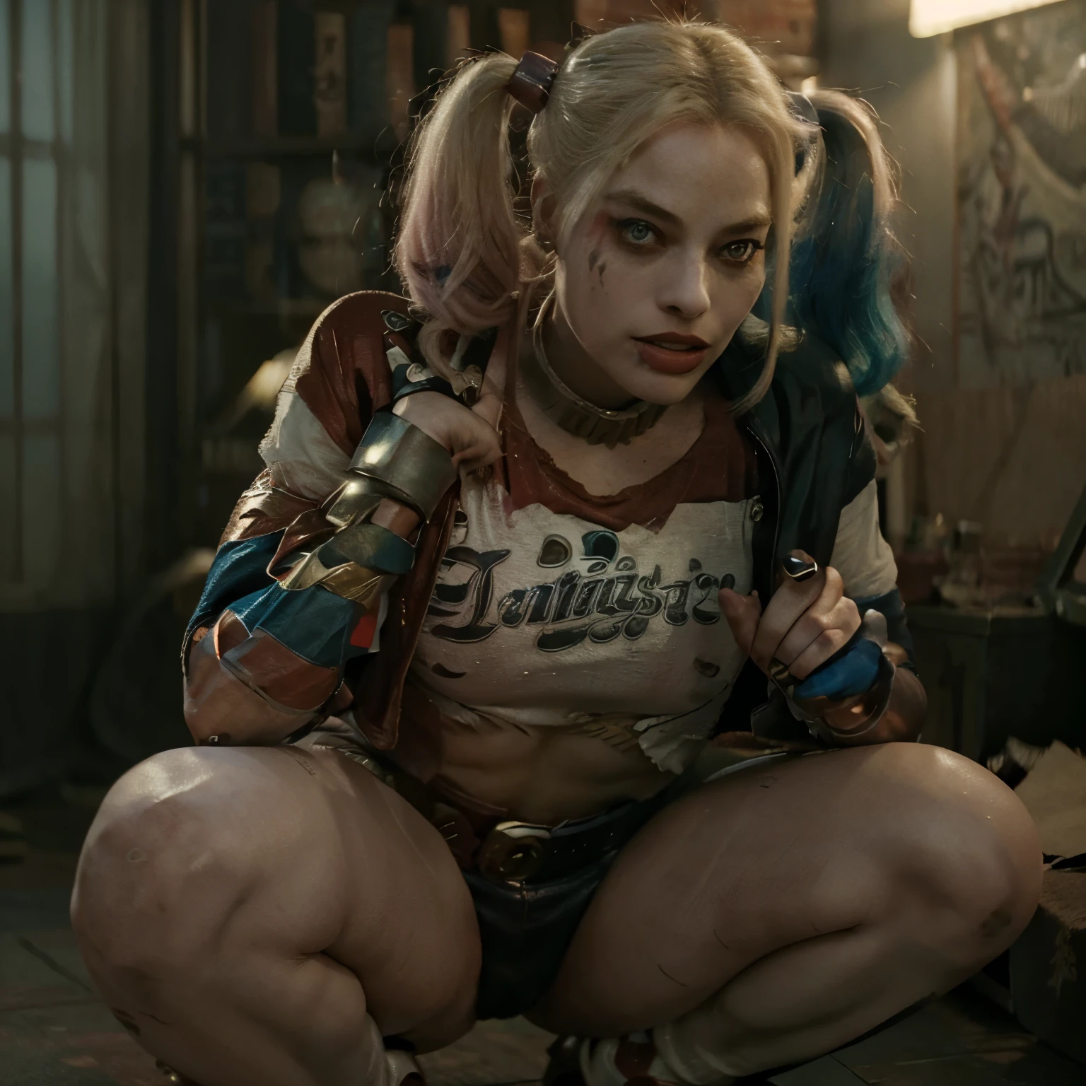 Harley Quinn open thighs,margot robbie squatting,(masterpiece:1.2), best quality, high resolution, unity 8k wallpaper,extremely detailed face, perfect lighting, extremely , (perfect hands, perfect anatomy),