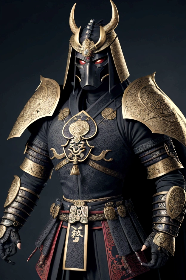 (8K) (detailed artstation, Ancient samurai warrior armor, characters wearing masks and armor, epic battle scenes, the dark part of the armor has a black pattern, the dragon pattern is very detailed, gold armour, the dark part of the character has rich details. The background is a fantastic scene from feldal Japan, which is fantastic and colorful, in an authentic ancient Japanese temple