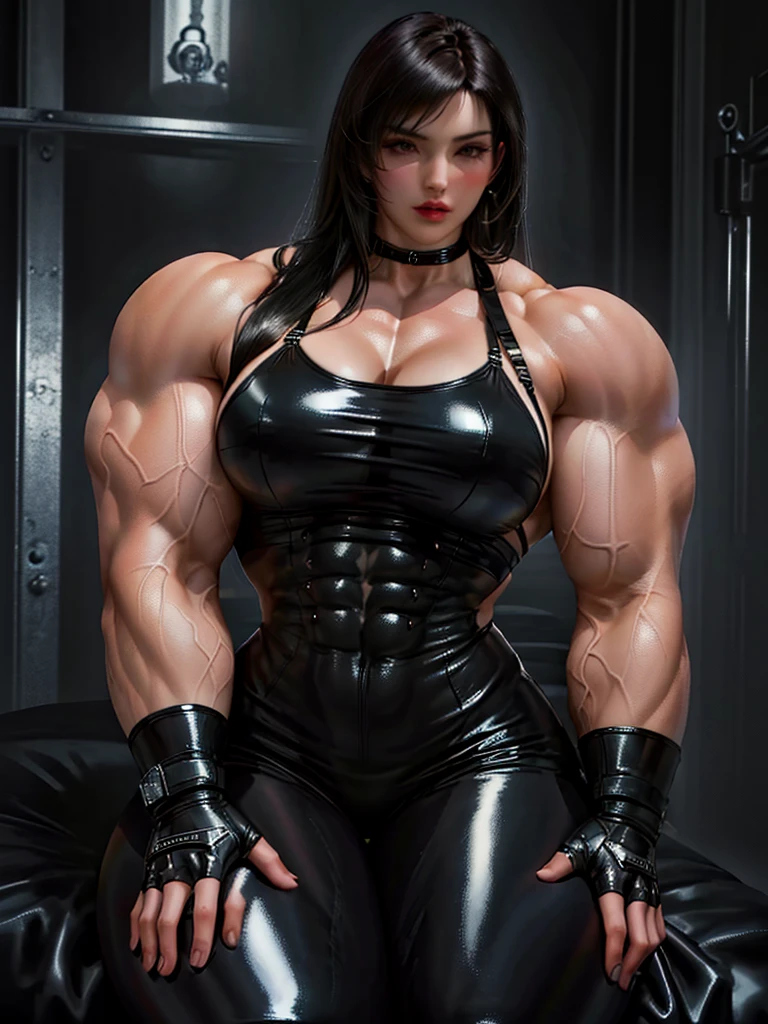 a close up of a woman in a black latex outfit posing, powerful and huge, strong and imposing, Very beauthful. big Muscles, muscular girl, massive Muscles, exaggeratedly large physique, tifa lockhart, huge Muscles, Tifa, big Muscle, extremely detailed woman, hyperrealistic full figure, big Muscles, large Muscles, huge glistening Muscles, Muscle, muscular character, sitting on a bed , make a bed naked , naked , make a bed , she's in a bed , flexing arms, flexing arms,