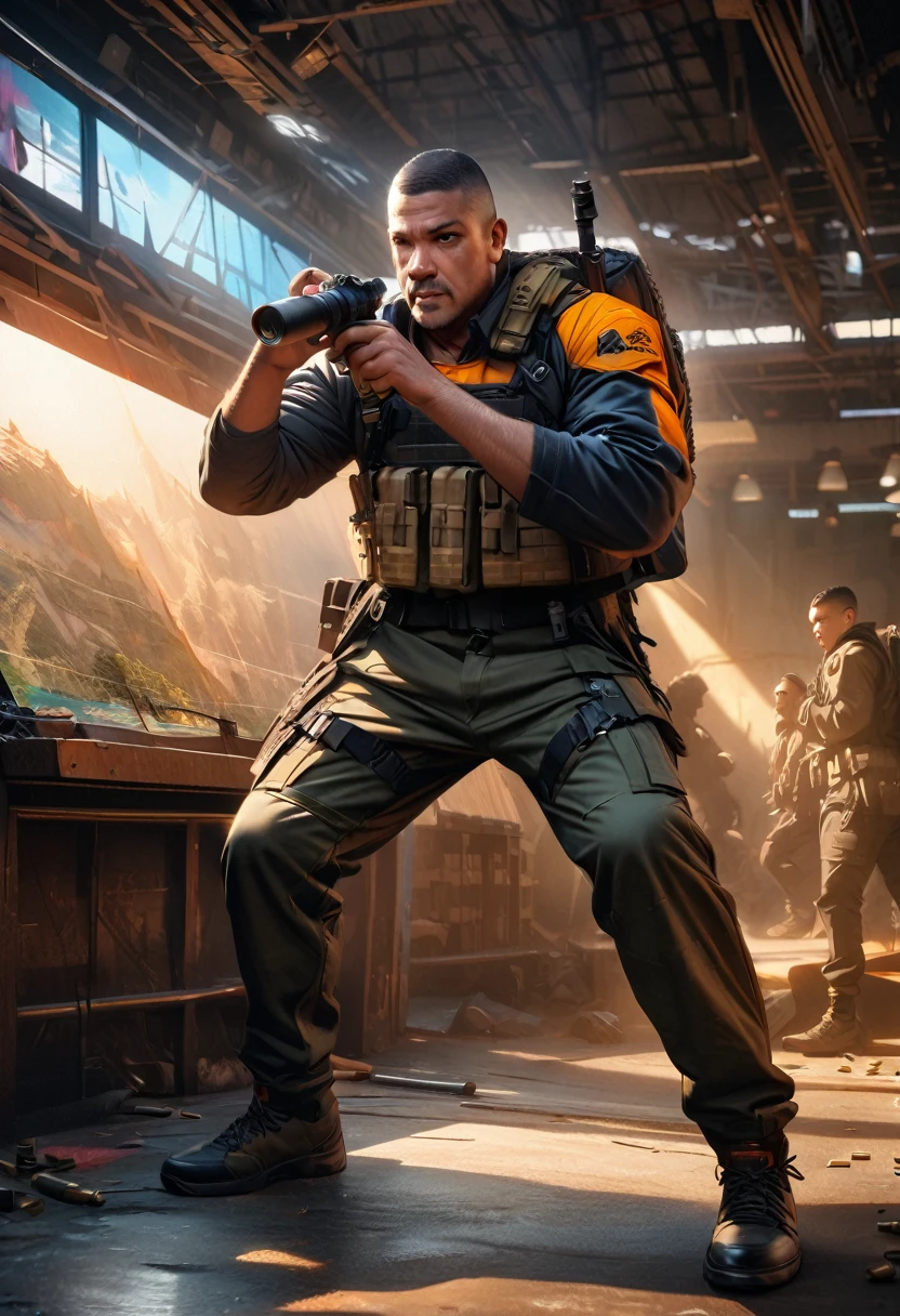 A group of counter-terrorists and terrorists in dynamic action poses, (best quality,4k,8k,highres,masterpiece:1.2),ultra-detailed,(realistic,photorealistic,photo-realistic:1.37),HDR,UHD,studio lighting,ultra-fine painting,sharp focus,physically-based rendering,extreme detail description,professional,vivid colors,bokeh,concept art,illustration,digital painting,explosive,bullet casings,tactical gear,montage of iconic maps and locations such as Dust II,Nuke,Inferno,bold and vibrant colors including greens,yellows and blacks,Counter-Strike logo,Valve logo,large "25 Years" text in a modern sleek font,Celebrating 25 Years of Tactical Excellence