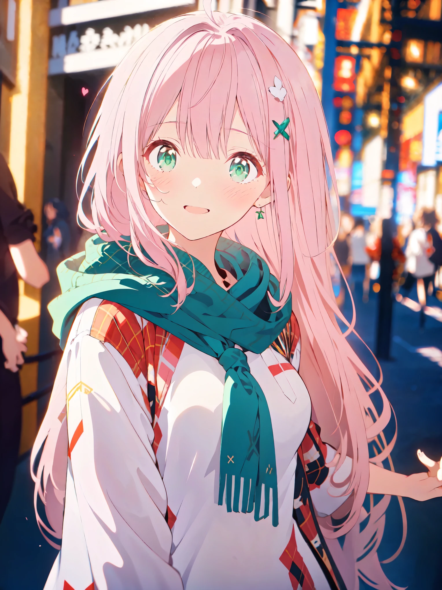 {{{{tmasterpiece}}}}, {{{ultra - detailed}}}, {{{A high resolution}}}, {{Good anatomy}}, (((Best quality at best))), ((Maximalism)),((Emerald eyes,with pink hair)),{{Extremely detailed and refined}}, {8k CG wallpaper}, {{illustratio,Get on camera,closeup of face,Face portrait}}, (long whitr hair|detailed hair|bluntbangs|shinny hair),((shirt coat: The white,plaid shirt,Outerwear with hoodie,brown knitted scarf)),proud face,Blushing with joy,girlfriend lens,(1 girl:1), Alone,little , (color difference:1.2)
