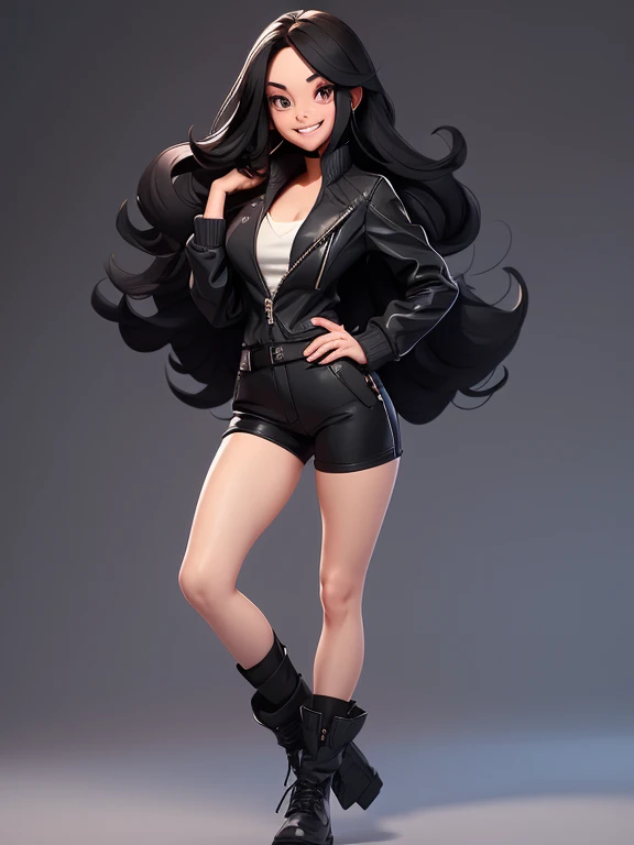 woman in sunglasses and black jacket and black shorts Long black hair, smile, simple background, full body.