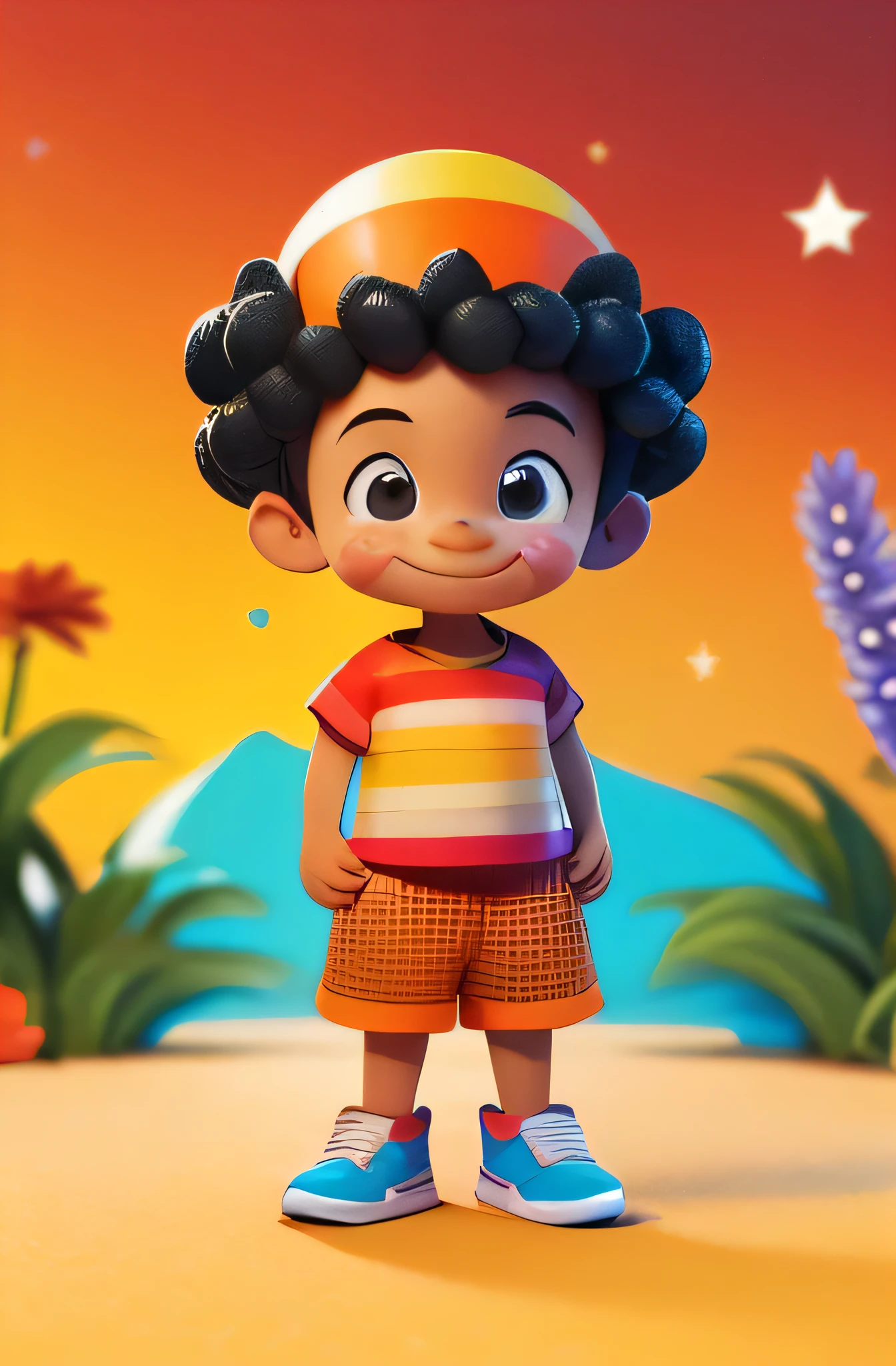 Description of the boy: Léo is a 6-year-old cheerful Black boy with a radiant smile. He has curly hair and is wearing a striped orange and white t-shirt, gray shorts, and red sneakers. He has a delicate scar on his lip. He appears happy and confident, standing in a beautiful and colorful setting with trees, flowers, and a bright blue sky. His joyful demeanor and vibrant outfit make him an inviting and relatable character for children. Keep the crayon style, his happy expression, and the colorful clothes.