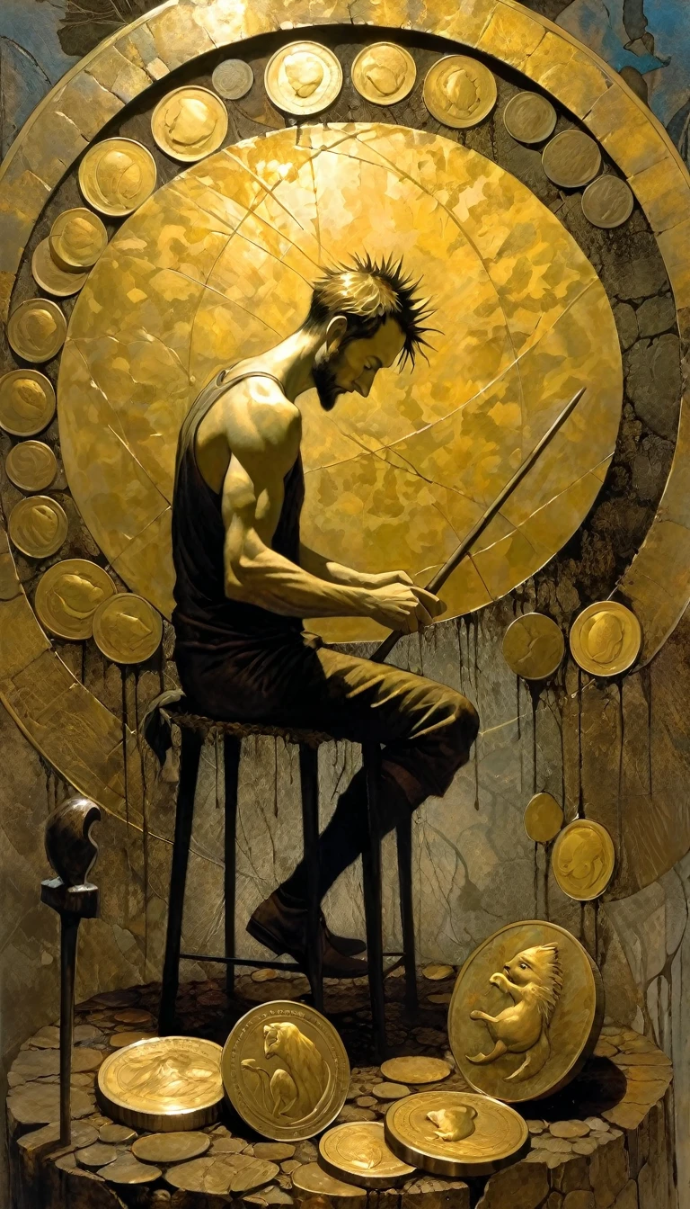 man works with hammer and chisel a large gold coin, around it there are seven other coins,(Dave Mckean inspired art, intricate details, oil painting)