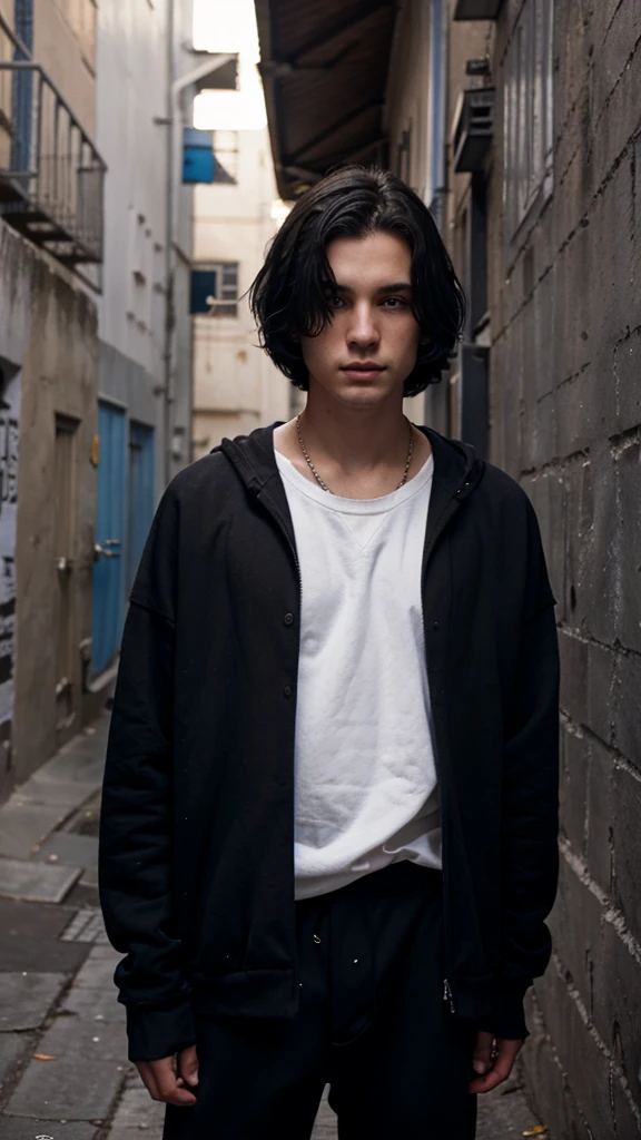 Pretty white boy, Short straight hair, black hair ,Blue sweatshirt, in an dark alley