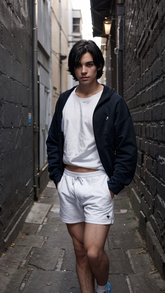 Pretty white boy,  Short straight hair, black hair ,Blue sweatshirt, in an dark alley 