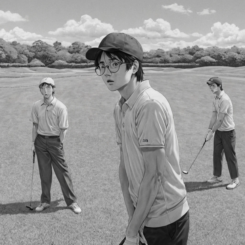 playing golf, (anime), bizarre scenario, This is Junji, Yusuke Murata, black and white, 8K, anime, horror