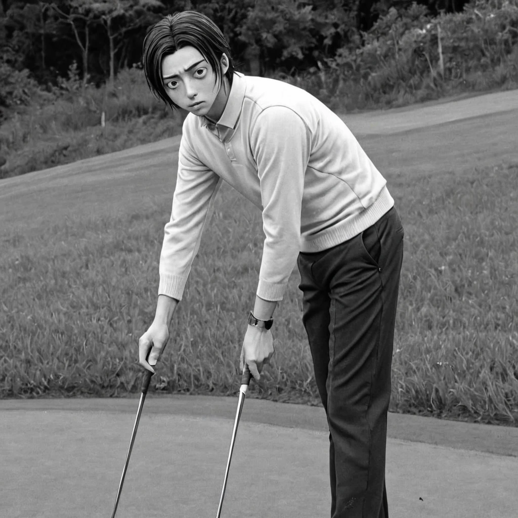 playing golf, (anime), bizarre scenario, This is Junji, Yusuke Murata, black and white, 8K, anime, horror