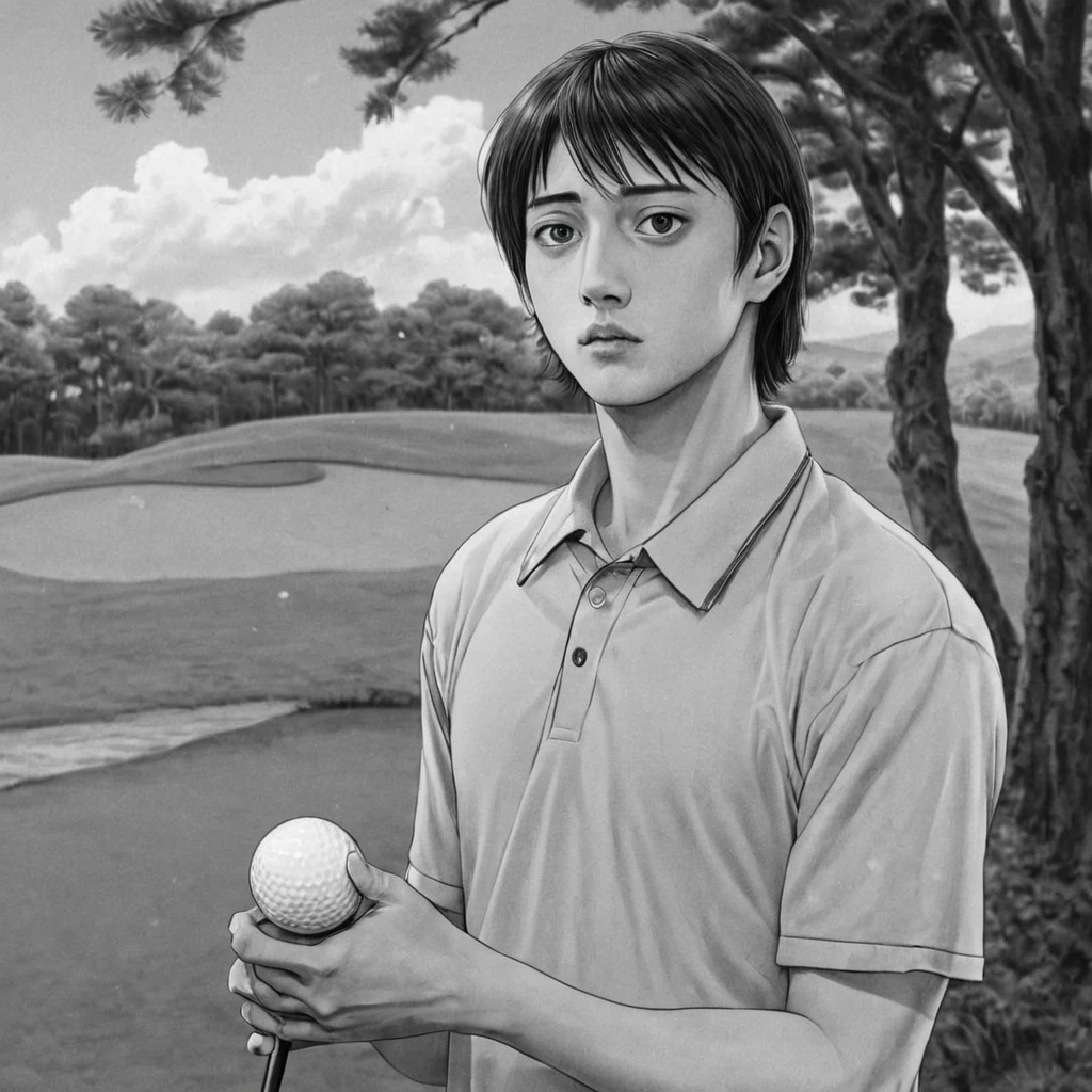 playing golf, (anime), bizarre scenario, This is Junji, Yusuke Murata, black and white, 8K, anime, horror