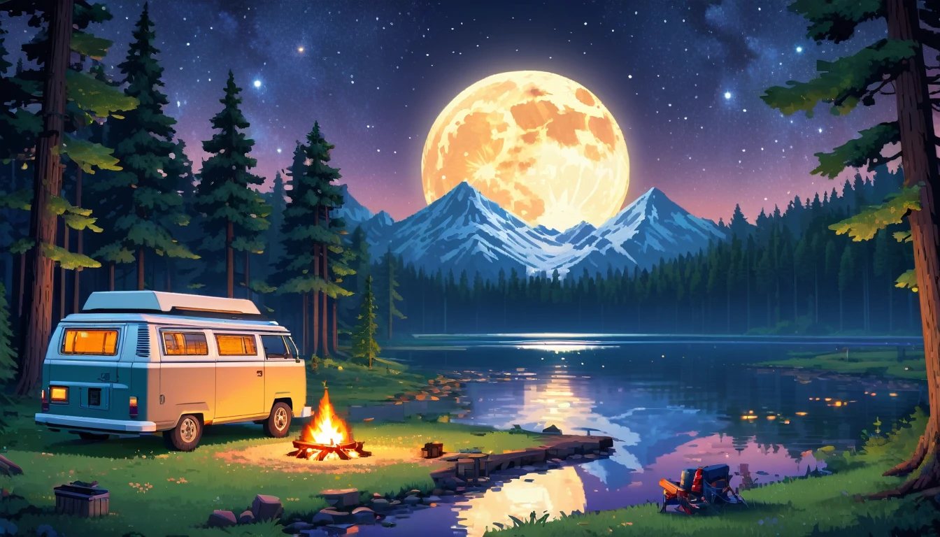 a detailed advance futuristic camper van in a grassy forest clearing at midnight,full moon shining bright, starry sky, man sitting nearby campfire, lake nearby,pixelart,HDR,8k,high quality,detailed interior,masterpiece