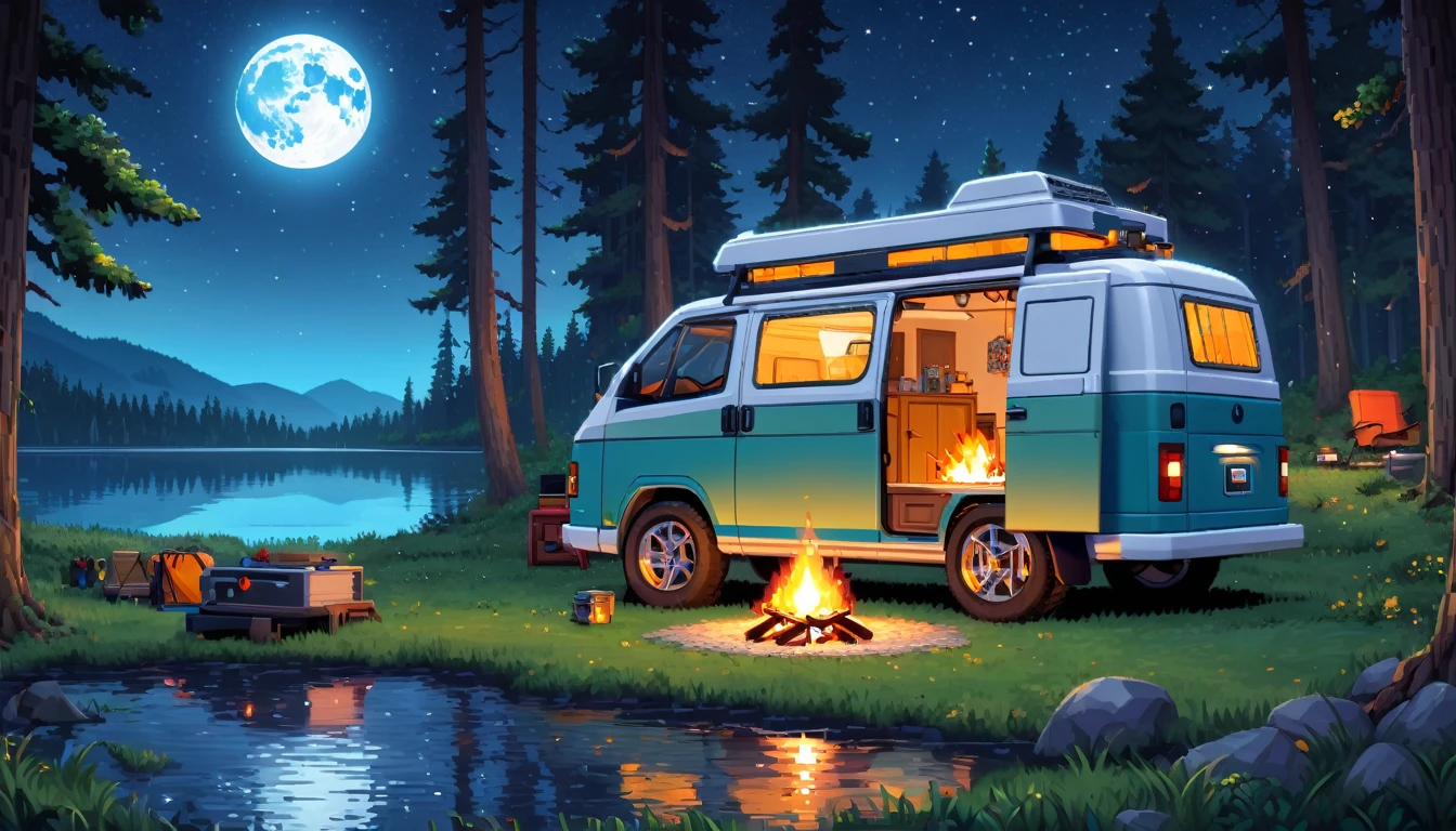 a detailed advance futuristic camper van in a grassy forest clearing at midnight,full moon shining bright, starry sky, man sitting nearby campfire, lake nearby,pixelart,HDR,8k,high quality,detailed interior,masterpiece