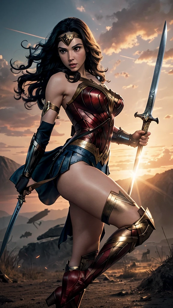 wonder woman poster, GAL GADOT, thick-thighs, wielding a sword, Plenty of lighting, battlefield background at sunset, BIG ASS