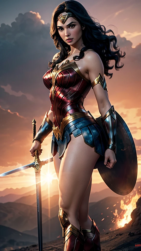 wonder woman poster, GAL GADOT, thick-thighs, wielding a sword, Plenty of lighting, battlefield background at sunset, BIG ASS