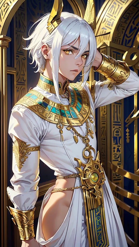 Youngh naughty man, mascle, Egyptian, Anubis, (hair as white as marble:1.2, estilo de cabelo Egyptian, detailed short hair), (((yellow eyes:1.3))), intricate Olhos, beautiful detailed Olhos, symmetrical Olhos, big eyes:1.5, handsome naughty man, naughty man:1.5, 1 naughty man, (mascle, Muscle, 1 naughty man, 1 naughty man, breastplate, naughty man chest, muscular), Youngh, ((1 mascle, 1 mascle, 1 naughty man, naughty man, mascle gender:1.5, handsome naughty man, mascle focus)),
serious face, mysterious,
(trajes Egyptians, Anubis ornaments, Statue Texture), (white skin as marble, hair as white as marble, white clothes like marble), (brawny), pointy ears like Anubis, (((intricate outfit, intricate clothes, embroidered clothing, ornate outfit, Embroidered clothes, ornate clothes))), (((crystal clothing, trajes Egyptians, white clothes like marble))),
(dynamic pose:1.0), serious and majestic, (centred, scale to fit dimensions, rule of thirds),
((templo Egyptian, wasteland, atmosfera mysterious)), scenario:1.25, intricate scenario, ((fundo de templo Egyptian)),
(Glossy ornamentos Egyptians), high resolution, sharp focus, (ultra detaild, extremely detaild), (photorealistic art:1.37), (extremely detaild CG unity 8k wallpaper), (((swirly vibrant colors, vibrant theme))), (intricate), (work of art), (best qualityer), artistic photography, (photograph taken by sldr), (intricate background), perfect rendered face, perfect face details, lifelike face, photo realist, ((intricate detail)), (((真实感))).