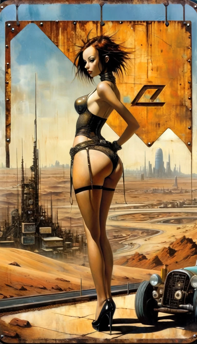 road sign in the desert rusty smooth metal panel with screwed and welded parts, advertisement with a girl in lingerie, in the distance you can see a futuristic city (Dave Mckean inspired art, intricate details, oil painting)
