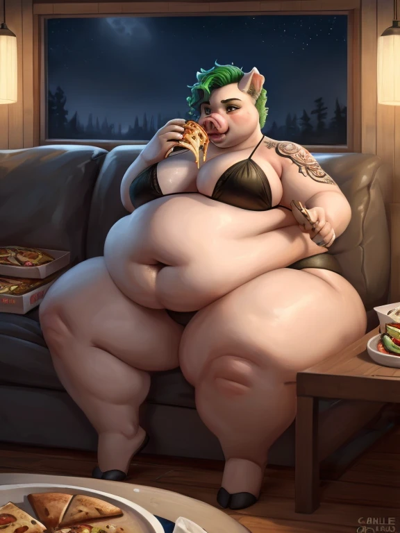 breathtaking oil painting, masterpiece, best quality, an incredibly obese anthro pig sitting on a couch behind a table filled with food, obese, incredibly obese, pig, female, bottom heavy,, wide hips, food, pile of food, food everywhere, slob, messy, food stains, (mukbang), emerald bikini, skimpy outfit, night, emerald hair, undercut hairstyle, undercut, curly hair, green eyes, hooves, eating, eating food, glutton, camera, streaming, (tattoos, tattooed,), emerald details, emerald tattoos, ahegao, pizza, burger, soda, fast food, takeout, chinese, fast food, , photorealistic oil painting, by charlie bowater, fine details, by wlop, trending on artstation, very detailed
