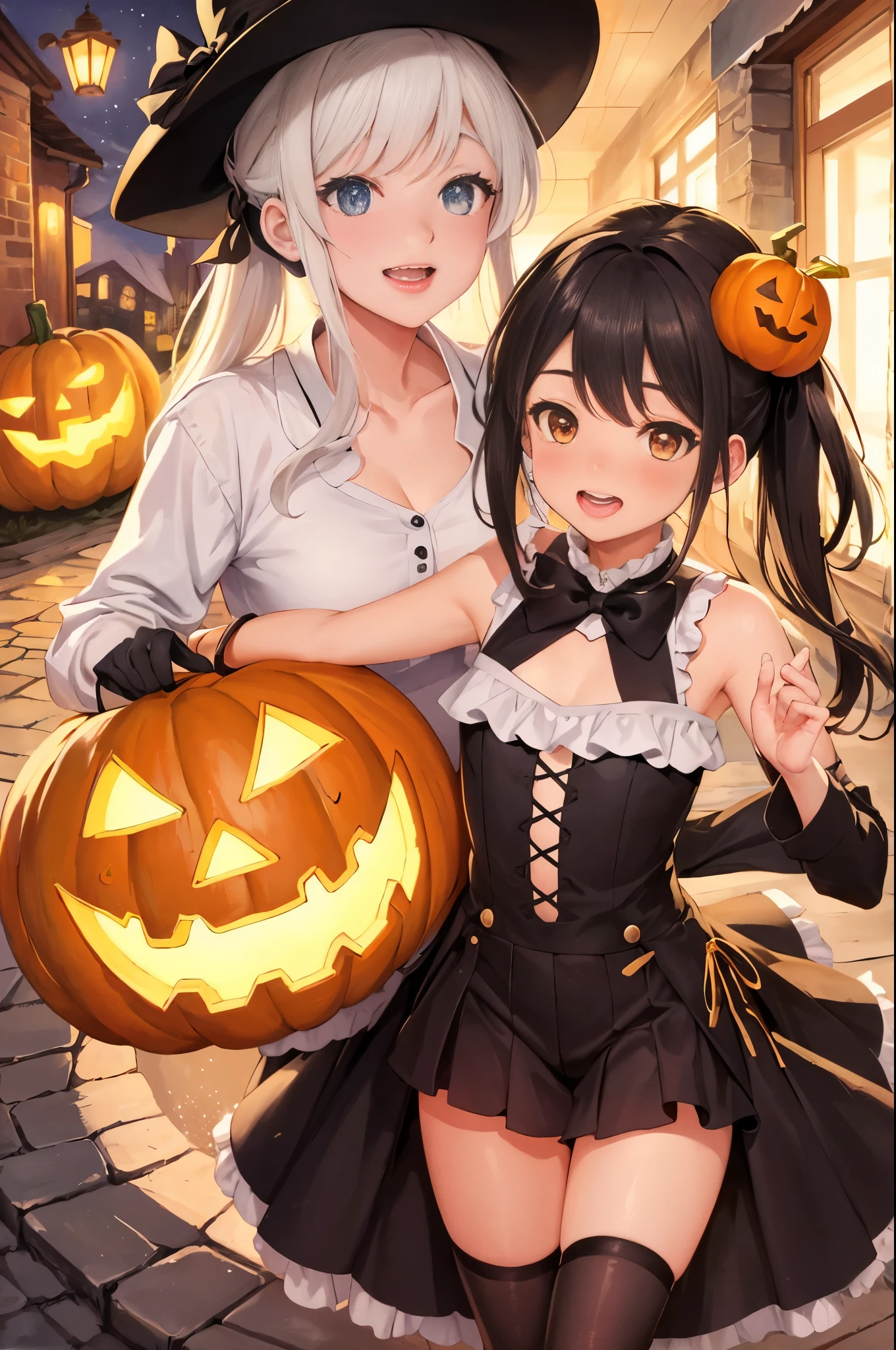 Create a detailed, high-quality fan art cover for a doujinshi based on a slice-of-life anime series, featuring a close-knit family enjoying Halloween together. The scene should depict a festive and joyous atmosphere, with the family members laughing and surrounded by sweets, and the  holding a jack-o’-lantern. The parents are amiably giving out treats to the . Capture the warmth and happiness of the family moment, with a focus on expressing the characters’ enjoyment of the holiday. The image should be in a vertical format, with vivid colors and a homely, welcoming vibe, suitable for a fan-created work that could be shared on platforms like Pixiv or Twitter,