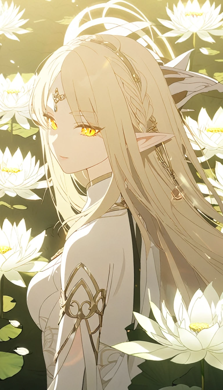 1woman, elven ears, white god, light blonde hair, longest hairstyle, glowing yellow eyes, white lotus field, white light princess, elegant thai dress,