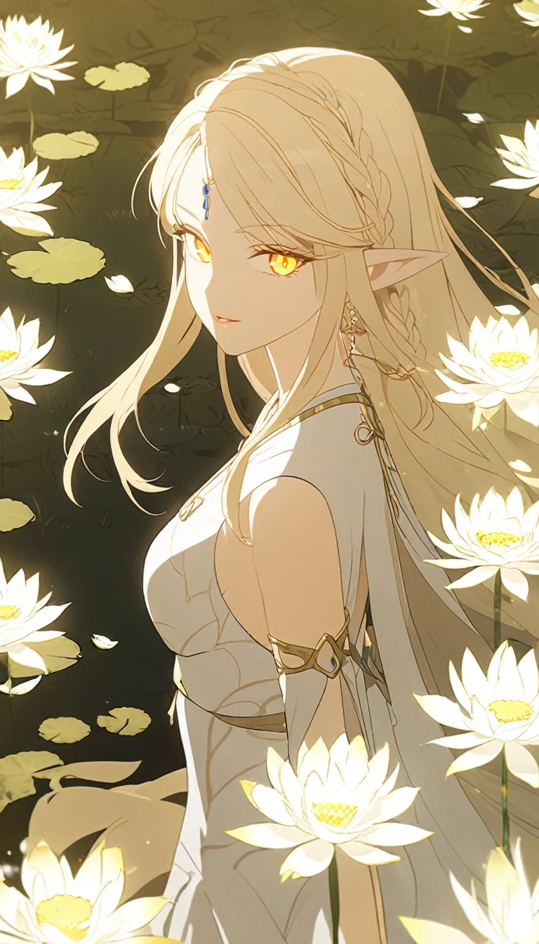 1woman, elven ears, white god, light blonde hair, longest hairstyle, glowing yellow eyes, white lotus field, white light princess, elegant thai dress,