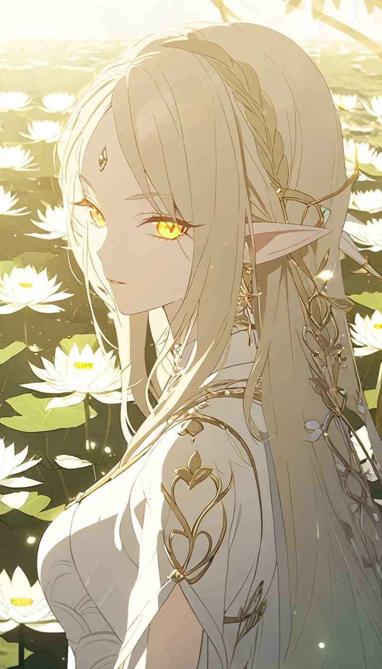 1woman, elven ears, white god, light blonde hair, longest hairstyle, glowing yellow eyes, white lotus field, white light princess, elegant thai dress,