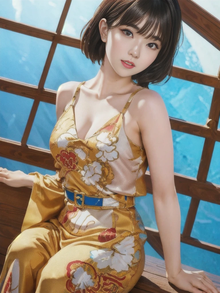 Highest quality, 8K, ,masterpiece :1.3)), In-person audience,((Whole body 1.2)) ,Beautiful woman, Wide Shot ,One girl, , Selfie , Black Hair, Brown Hair , bangs,Highly detailed face, Highly detailed lips, Fine grain, double eyelid