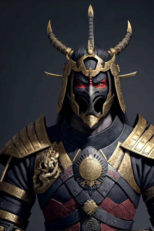 (8K) (detailed artstation, Ancient samurai warrior armor, characters wearing masks and armor, epic battle scenes, the dark part of the armor has a black pattern, the dragon pattern is very detailed, gold armour, the dark part of the character has rich details. The background is a fantastic scene from feldal Japan, which is fantastic and colorful, in an authentic ancient Japanese temple