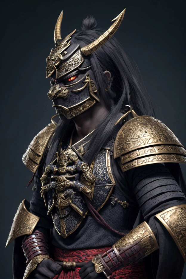 (8K) (detailed artstation, Ancient samurai warrior armor, characters wearing masks and armor, epic battle scenes, the dark part of the armor has a black pattern, the dragon pattern is very detailed, gold armour, the dark part of the character has rich details. The background is a fantastic scene from feldal Japan, which is fantastic and colorful, in an authentic ancient Japanese temple