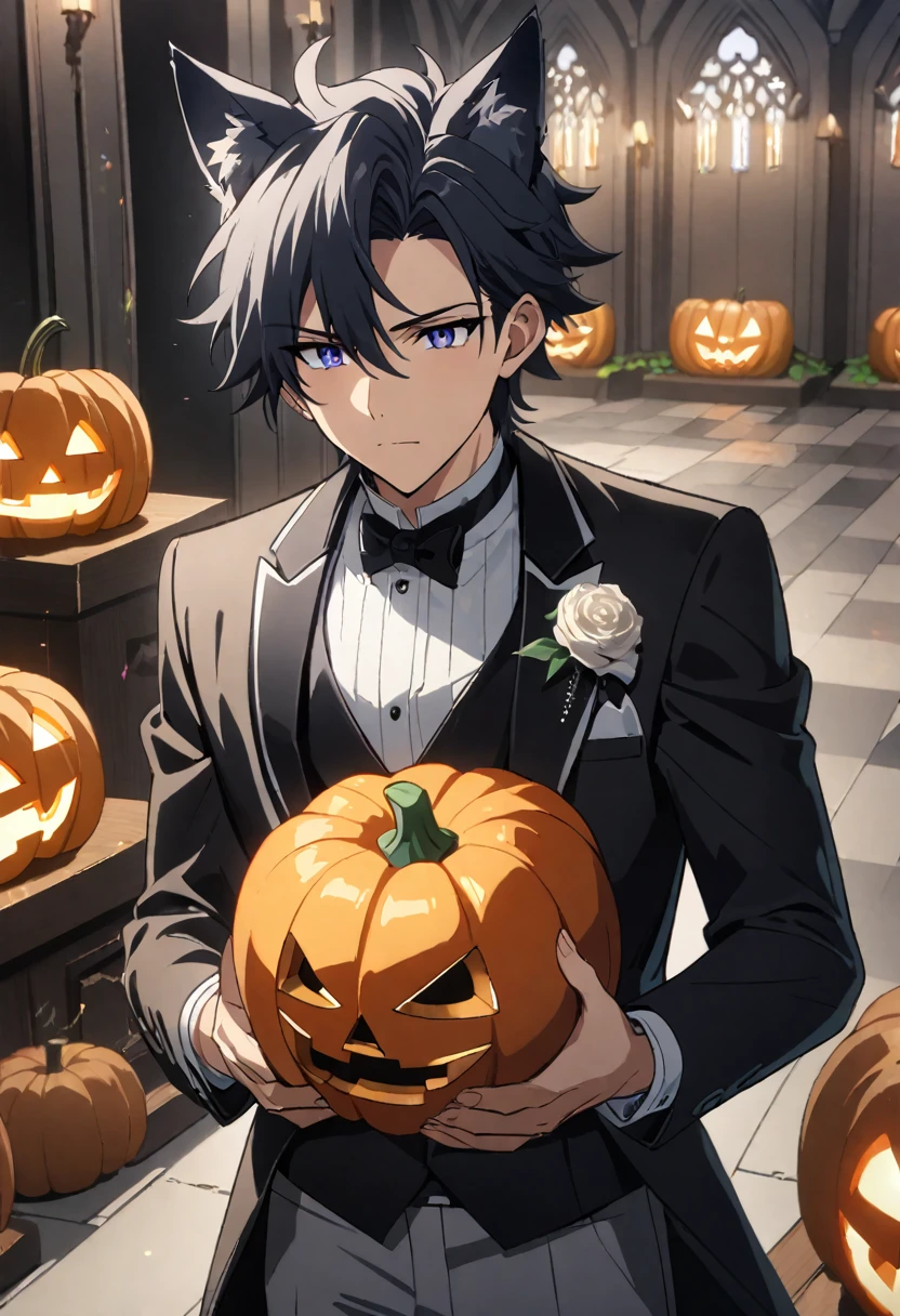 1boy, 25 years old refresh handsome holy knight man, wolf ear headband,top wearning tuxedo jacket only and bottom wearning swim wear only,having Halloween pumpkin and wedding bouquet, Halloween and dark wedding chapel, middle muscler, knight is fall into darkness, japan anime style, masterpiece, best quality, very aesthetic, absurdres
