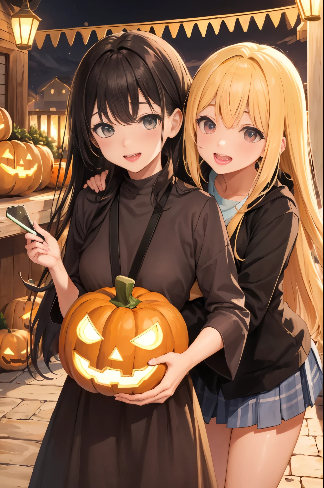 Create a detailed, high-quality fan art cover for a doujinshi based on a slice-of-life anime series, featuring a close-knit family enjoying Halloween together. The scene should depict a festive and joyous atmosphere, with the family members laughing and surrounded by sweets, and the holding a jack-o’-lantern. The parents are amiably giving out treats to the . Capture the warmth and happiness of the family moment, with a focus on expressing the characters’ enjoyment of the holiday. The image should be in a vertical format, with vivid colors and a homely, welcoming vibe, suitable for a fan-created work that could be shared on platforms like Pixiv or Twitter,