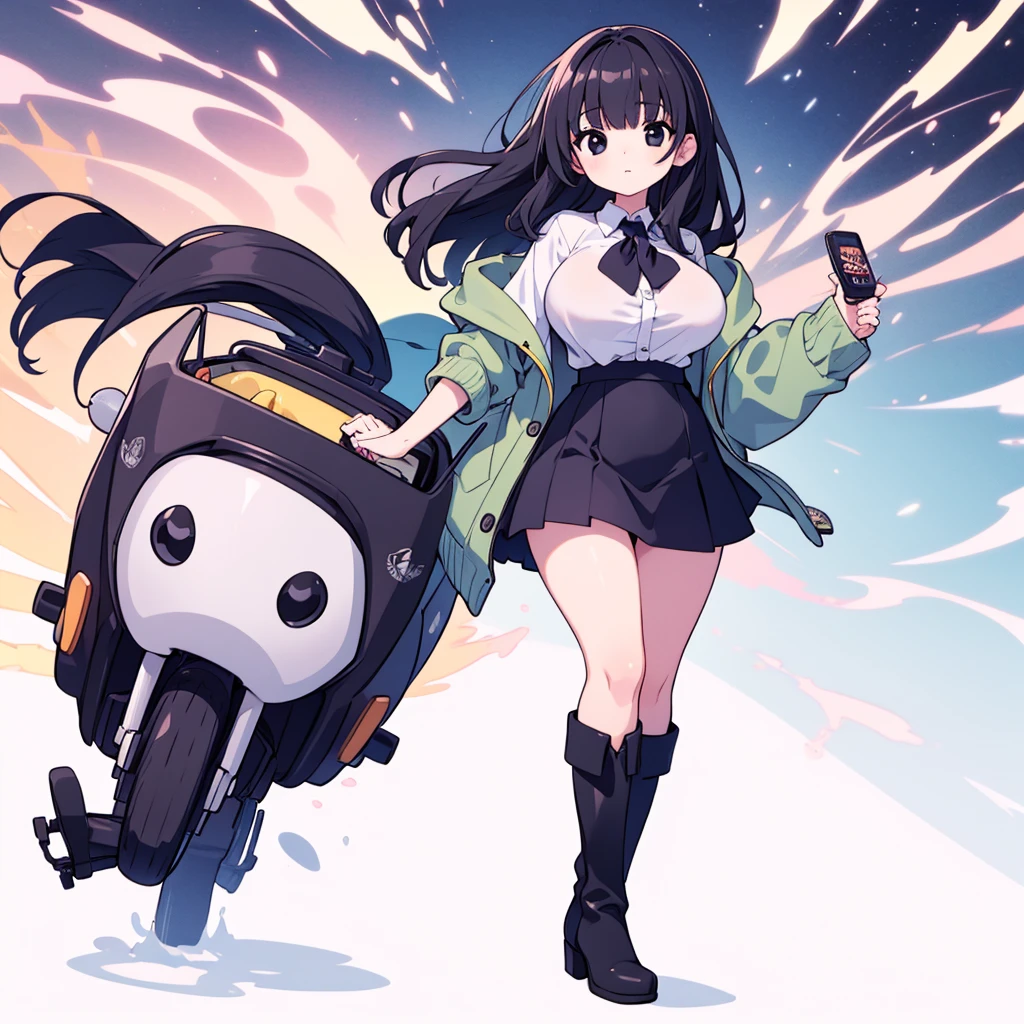 Highest quality, 1girl, solo, large breasts, wide hips, thick thighs, black skirt, green cardigan, white blouse, standing, black hair, black eyes, bangs, long boots