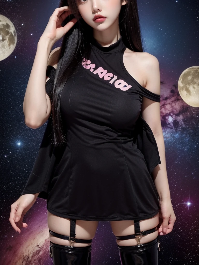 Beautiful woman wearing a dark and pink Wearing clothes mini dress with decorations on the shirt and visible shoulders and wearing boots and being photographed with a Outer space background And is on the planet ,Korean style swag, beautiful face so gorgeous, Beautiful eyes, y2k style
