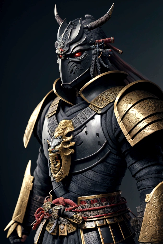 (8K) (detailed artstation, Ancient samurai warrior armor, characters wearing masks and armor, epic battle scenes, the dark part of the armor has a black pattern, the dragon pattern is very detailed, gold armor, the dark part of the character has rich details. The background is a fantastic scene of feldal Japan, which is fantastic and colorful, in an authentic ancient Japanese temple.