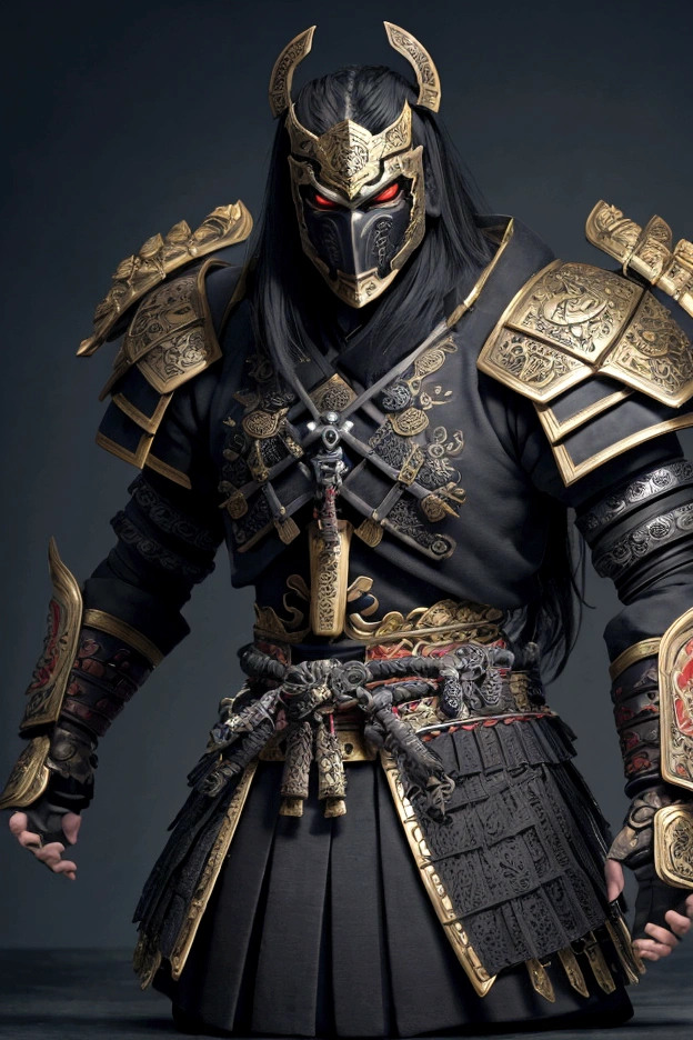 (8K) (detailed artstation, Ancient samurai warrior armor, characters wearing masks and armor, epic battle scenes, the dark part of the armor has a black pattern, the dragon pattern is very detailed, gold armor, the dark part of the character has rich details. The background is a fantastic scene of feldal Japan, which is fantastic and colorful, in an authentic ancient Japanese temple.