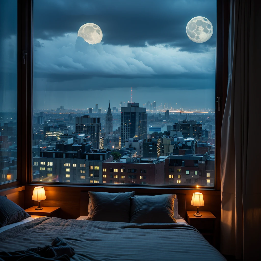 Room with a bed, a large window in its bedroom and a moonlit city, surreal, otherworldly, illustration of a rainy city, beautiful moonlit night with beautiful lighting and realistic proportions, like a movie background, 8k, top quality, masterpiece, sky with clouds and rain. A large moon in the background, a cinematic moonlit night, mysterious and cinematic.