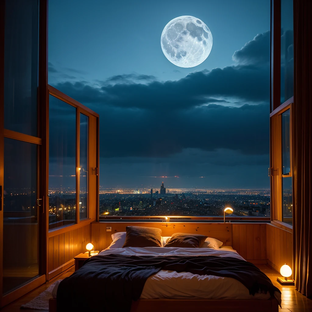 Room with a bed, a large window in its bedroom and a moonlit city, surreal, otherworldly, illustration of a rainy city, beautiful moonlit night with beautiful lighting and realistic proportions, like a movie background, 8k, top quality, masterpiece, sky with clouds and rain. A large moon in the background, a cinematic moonlit night, mysterious and cinematic.
