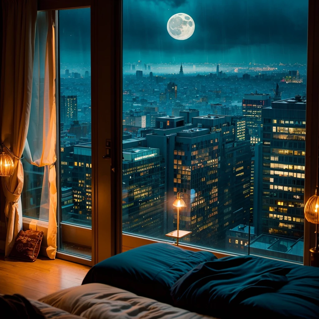 Room with a bed, a large window in its bedroom and a moonlit city, surreal, otherworldly, illustration of a rainy city, beautiful moonlit night with beautiful lighting and realistic proportions, like a movie background, 8k, top quality, masterpiece, sky with clouds and rain. A large moon in the background, a cinematic moonlit night, mysterious and cinematic.
