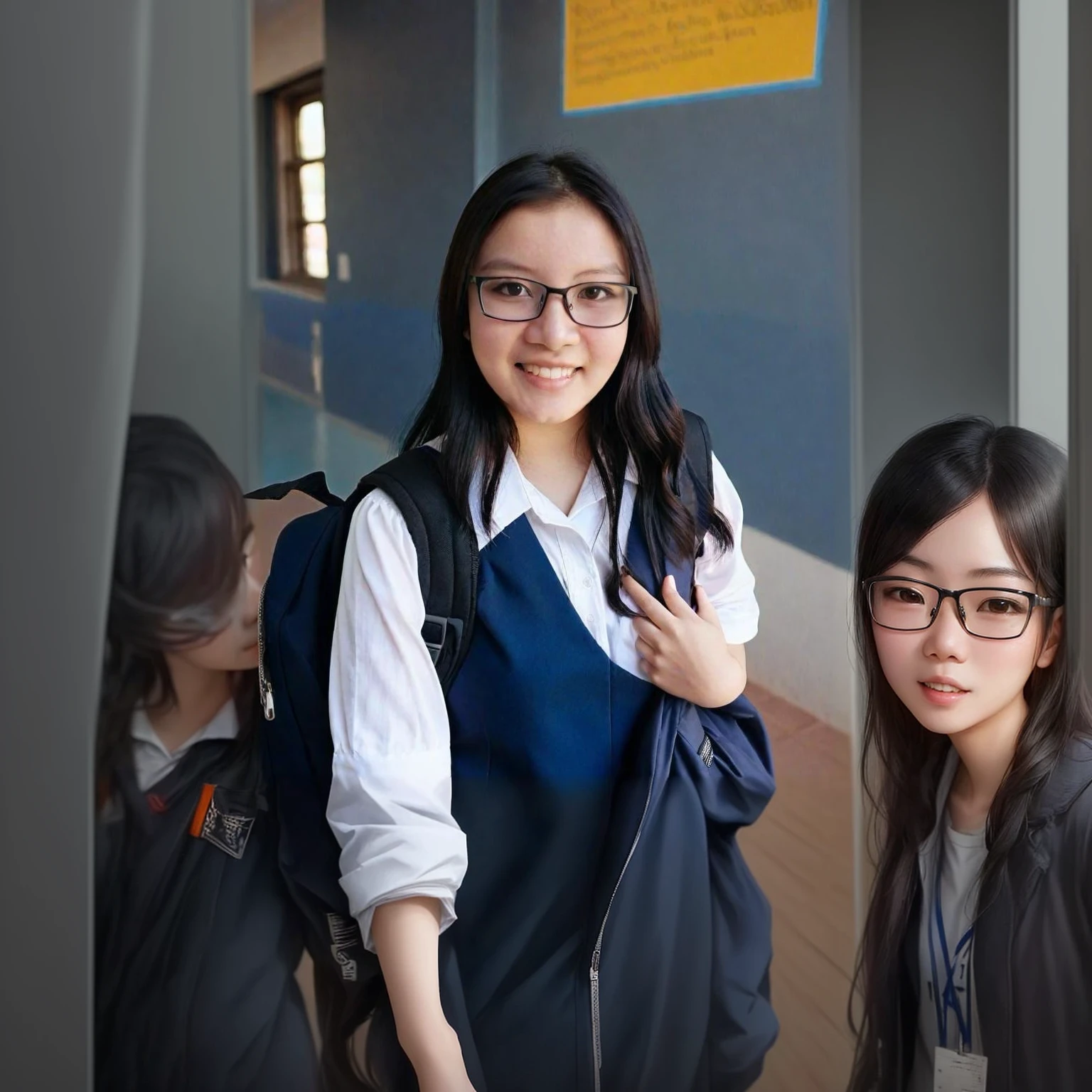 puffy Asian girl in glasses and glasses standing in a hallway, xintong chen, li zixin, made, pengzhenzhang, wenfei you, Xisionwu, , Louise Zhang, Wenjun Lin, Zhe Long Xu, Leslie Zhang, mingchen shen, Qifenglin, nivanh chanthara, wei wang